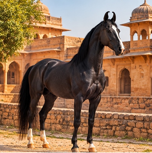 Black Marwari horse beside Rajasthan heritage architecture