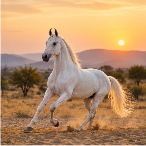 White Marwari horse at sunset in Rajasthan