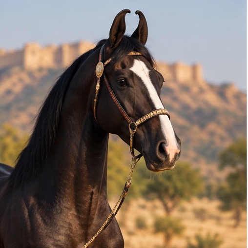 Close portrait of a decorated Marwari horse